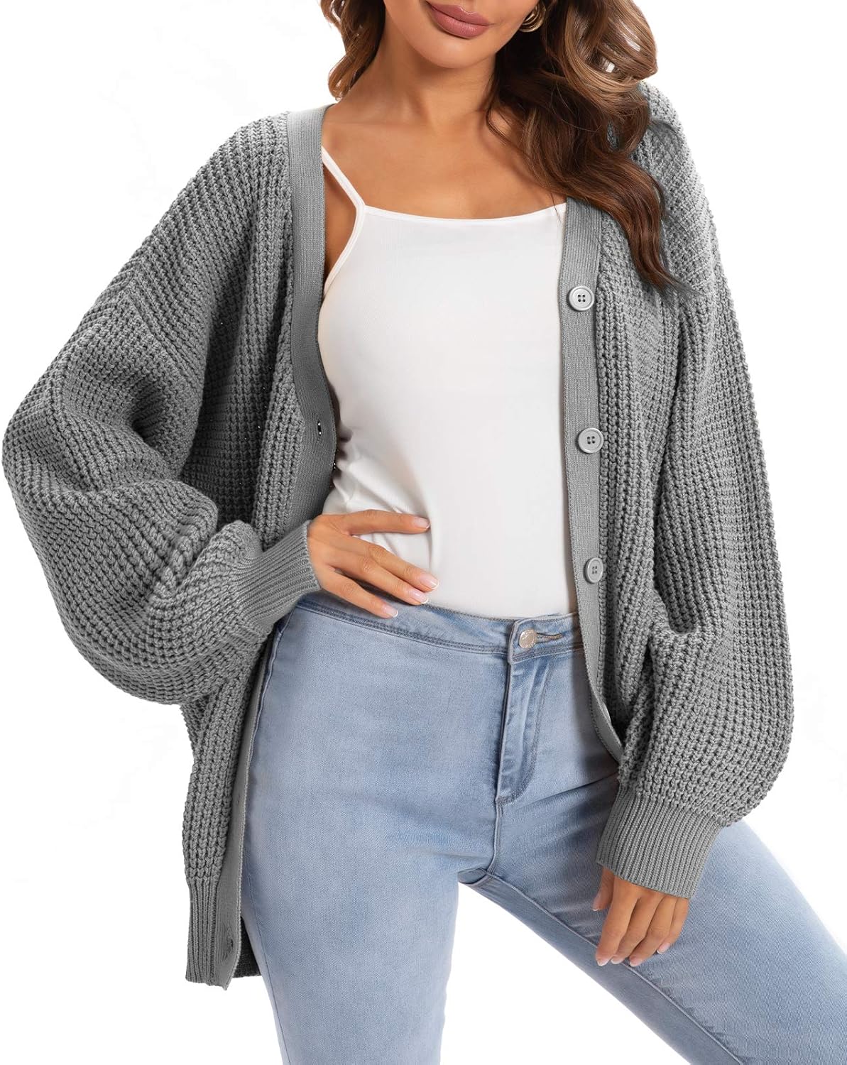 Women's Cardigan Sweater 100% Cotton Button-Down Long Sleeve Oversized Knit Cardigans