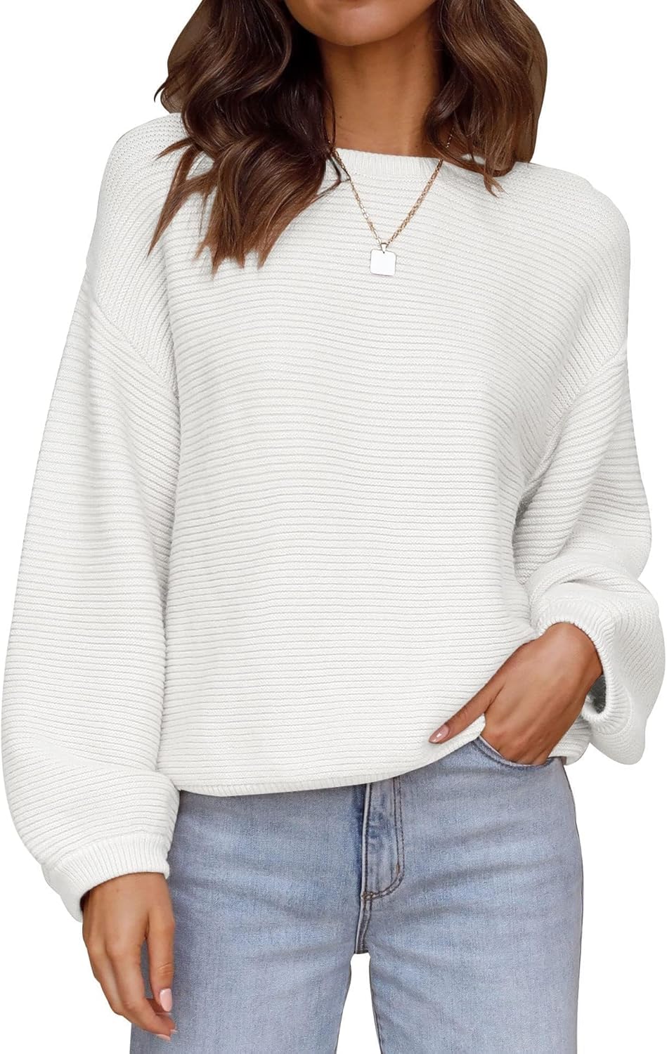 Women's 2024 Crew Neck Long Lantern Sleeve Casual Loose Ribbed Knit Solid Soft Pullover Sweater Tops
