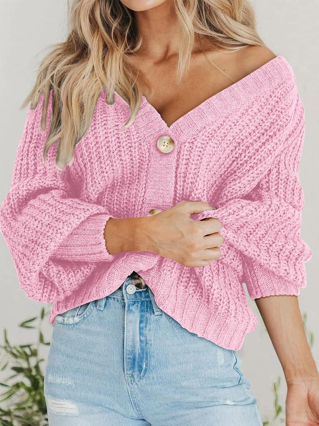 Women's Chunky Knit Open Front Sweater Long Sleeve Button Loose Short Cardigan Outerwear Coats