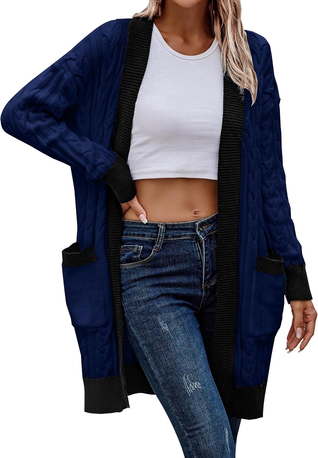 Women's 2024 Fall Cable Knit Cardigan Sweaters Casual Long Sleeve Open Front Loose Outerwear Coats