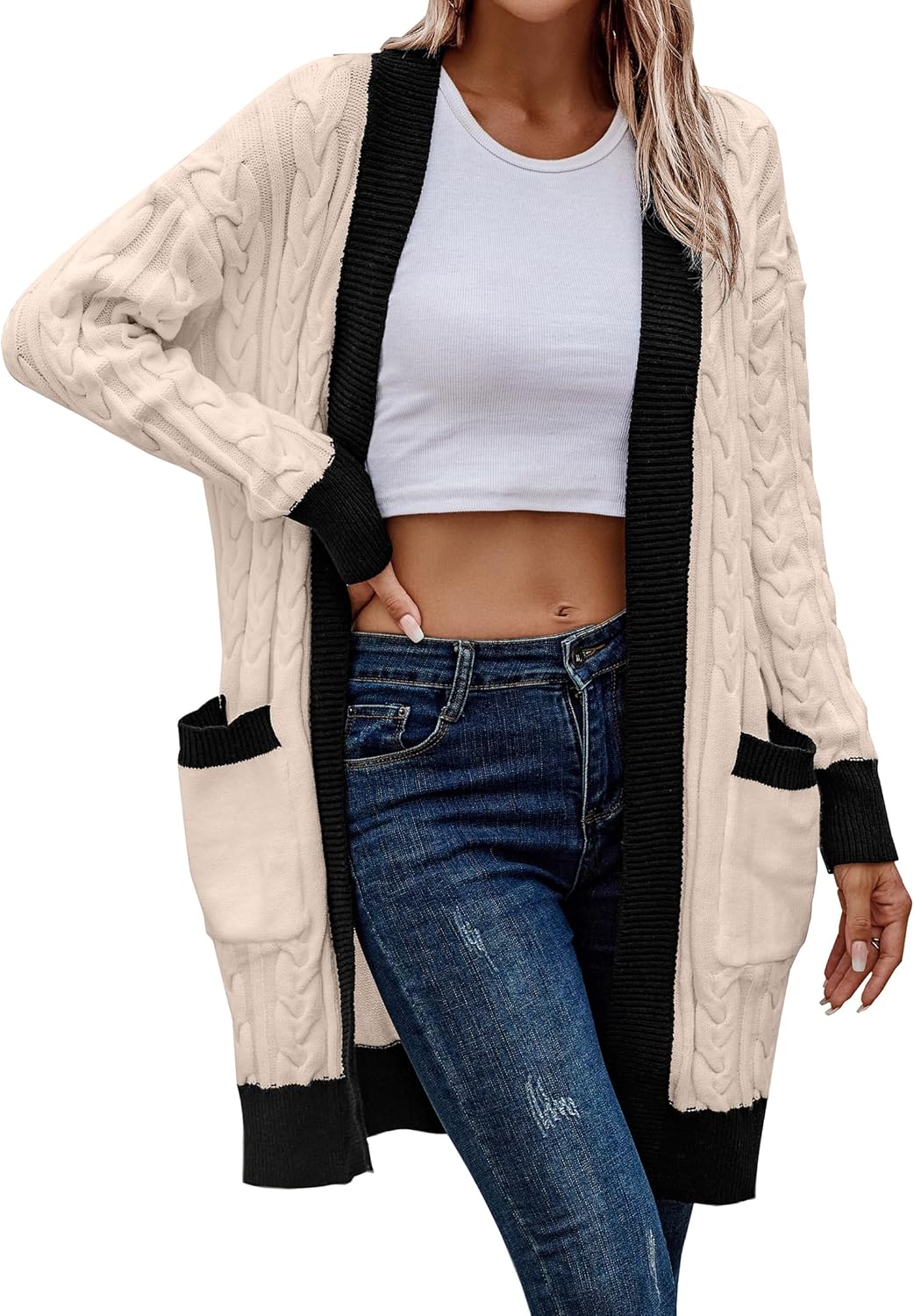 Women's 2024 Fall Cable Knit Cardigan Sweaters Casual Long Sleeve Open Front Loose Outerwear Coats
