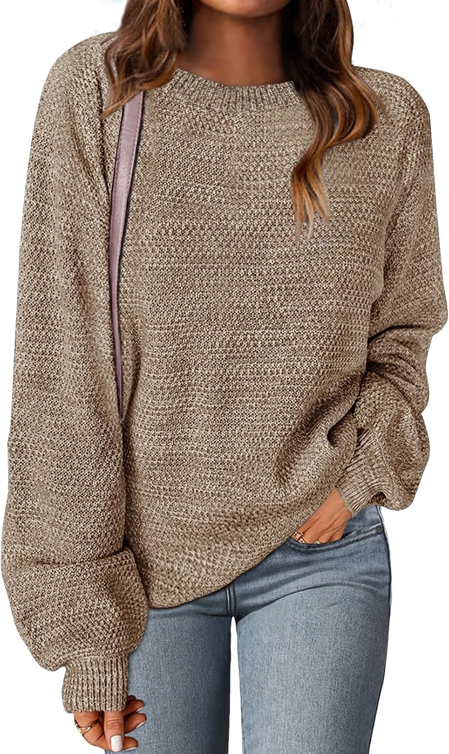 Women's 2024 Fall Oversized Pullover Sweater Trendy Crew Neck Long Sleeve Heathered Knit Jumper Tops
