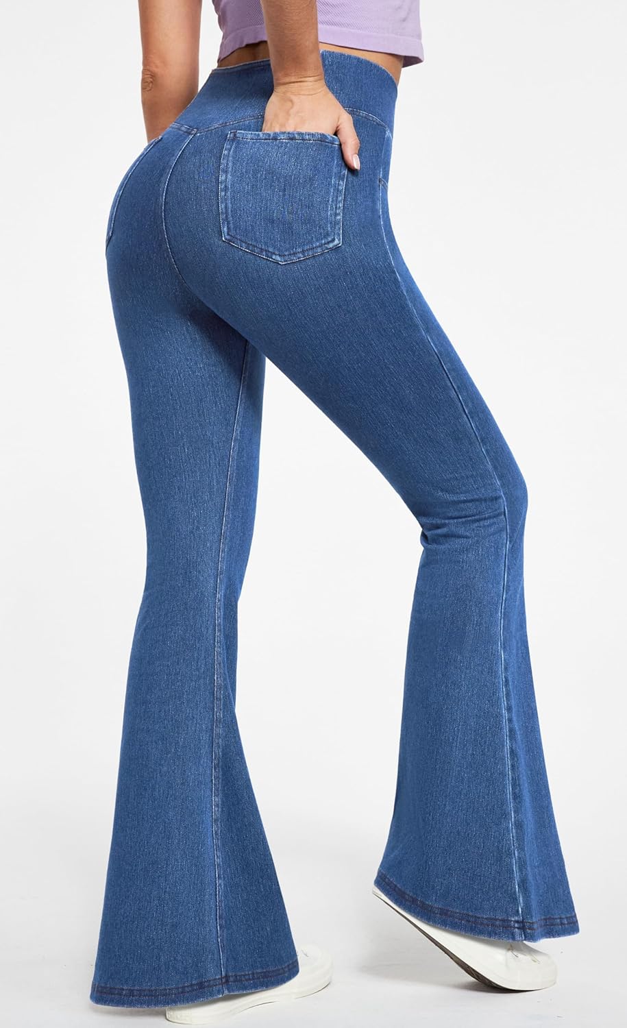 Bell Bottom Jeans for Women High Waisted Stretchy Flare Jeans Pull On Wide Leg Jeans V Cross Tummy Control Flare Pants