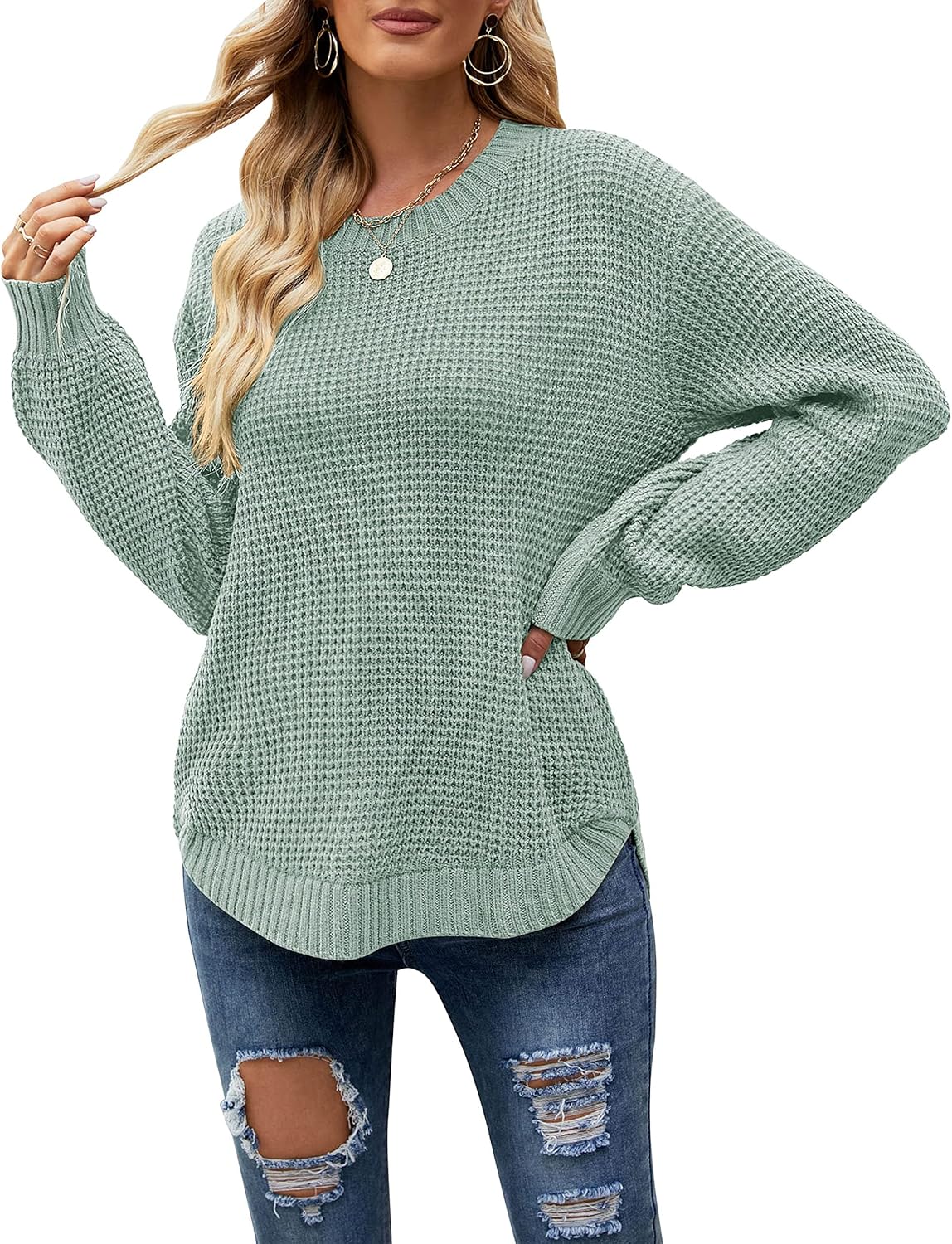 Women's 2024 Fall Casual Fall Waffle Knit Sweater Long Balloon Sleeve Loose Pullover Jumper